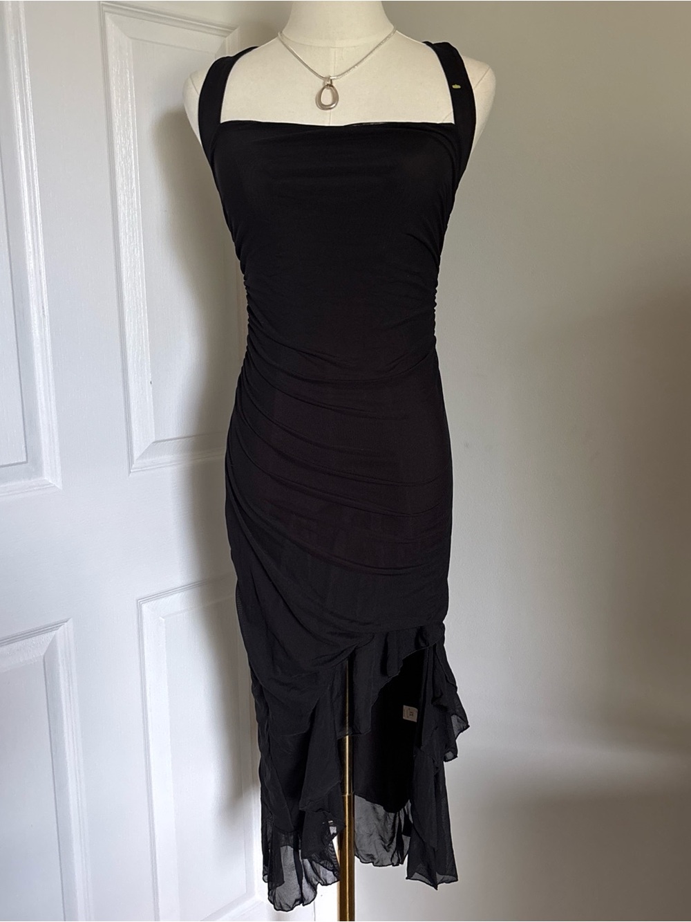 Black Ruched Asymmetric Midi Dress with Wide Straps